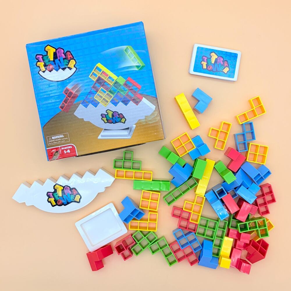 Tetra Tower Balance Game 48 Blocks 22 Cards COMPLETE Stacking Family Party